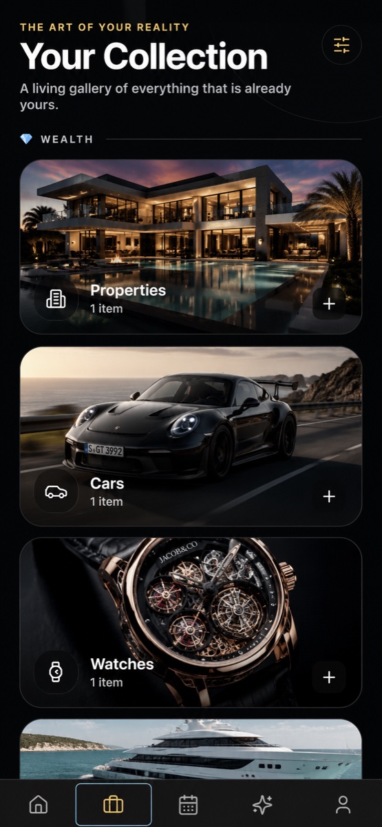 Wish Fulfilled Luxury collection with a mansion, sports car, watch and yacht